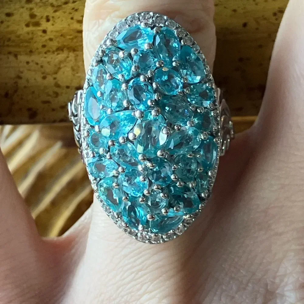 Natural Blue Apatite Pink Tourmaline Sterling Silver Cocktail Ring Size 6